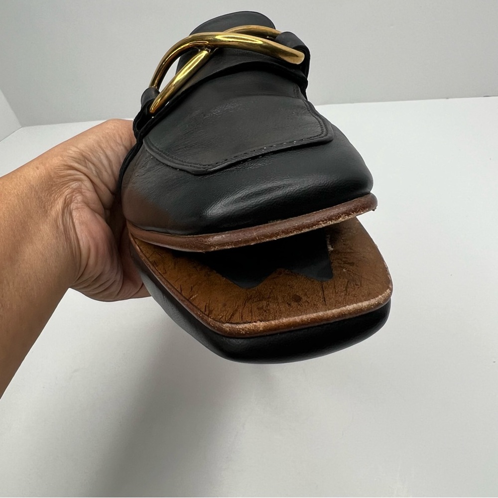 M. Gemi Black Leather Mule Slides with Gold Chain Accent - Picture 9 of 15